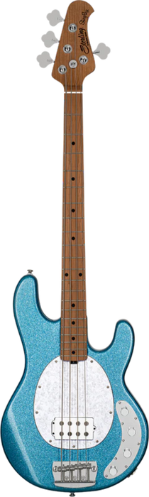 Blue glitter electric bass guitar on a white background