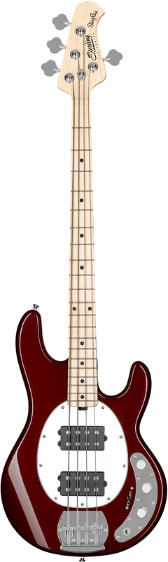 A Sterling by Music Man StingRay RAY4HH Bass guitar in Candy Apple Red with a maple fingerboard and dual humbucker pickups.