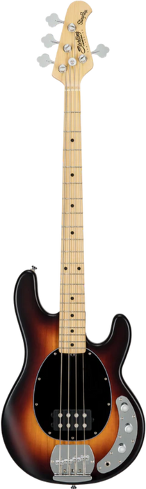 Electric bass guitar with a sunburst finish on a white background