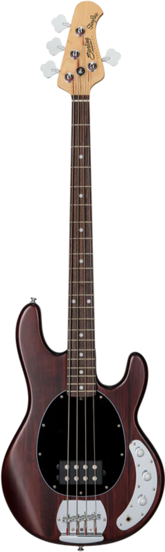 Electric bass guitar with a dark brown body and light wood neck on a white background