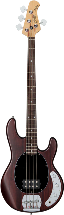 Electric bass guitar with a dark brown body and light wood neck on a white background