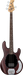 Electric bass guitar with a dark brown body and light wood neck on a white background