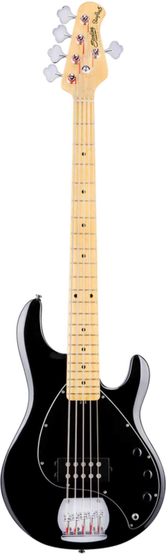 Black electric guitar with a maple neck on a white background
