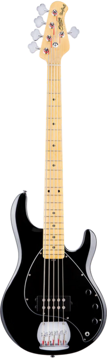 Black electric guitar with a maple neck on a white background