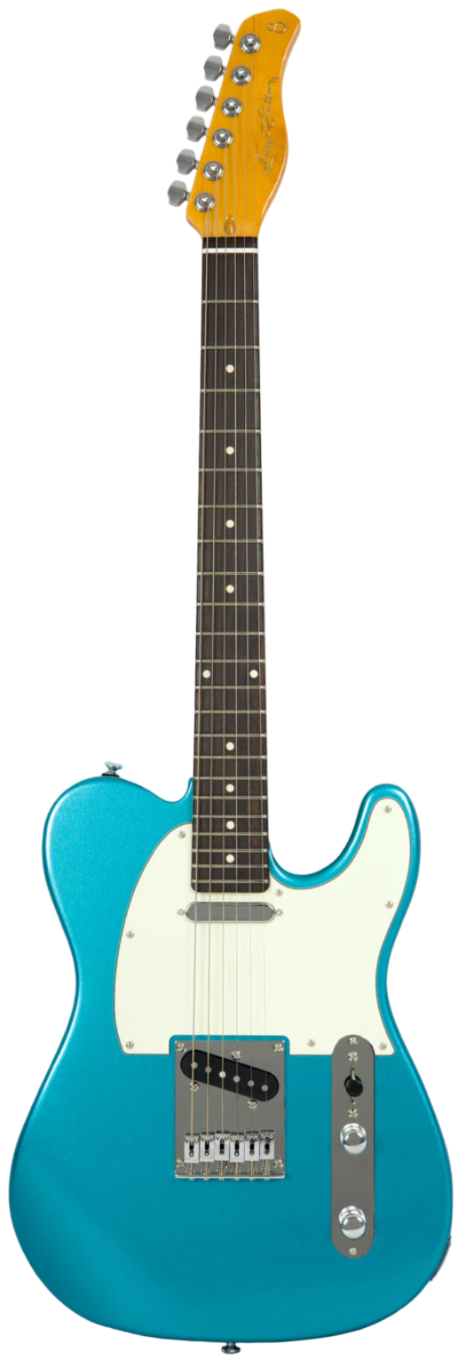 Blue electric guitar with a white pickguard on a light gray background