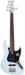 Electric bass guitar with a white body and black pickguard on a white background