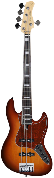 Electric bass guitar with a sunburst finish on a white background