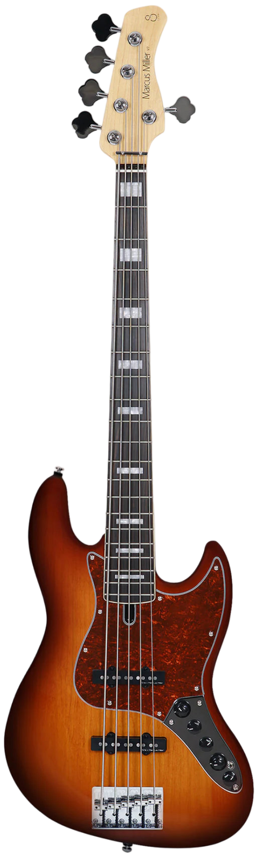 Electric bass guitar with a sunburst finish on a white background