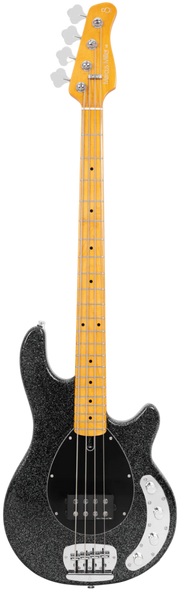 Electric guitar with black glitter finish and white pickguard on a white background