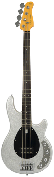 Electric bass guitar with a silver body and yellow pickguard on a white background