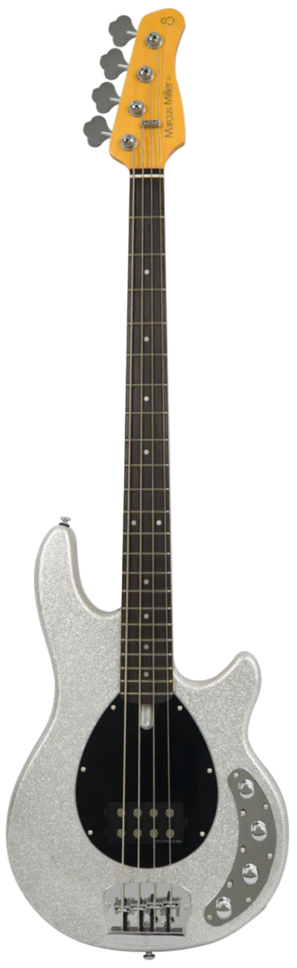 Electric bass guitar with a silver body and yellow pickguard on a white background