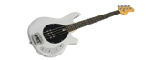 White bass guitar with a black pickguard on a white background