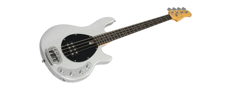 White bass guitar with a black pickguard on a white background