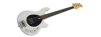 White bass guitar with a black pickguard on a white background