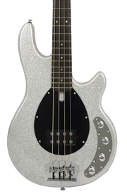 Silver glitter electric bass guitar on a white background