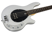 Silver electric bass guitar on a white background