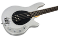 Silver electric bass guitar on a white background