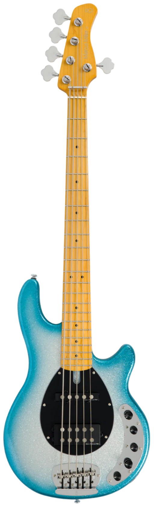 Blue electric bass guitar on a white background