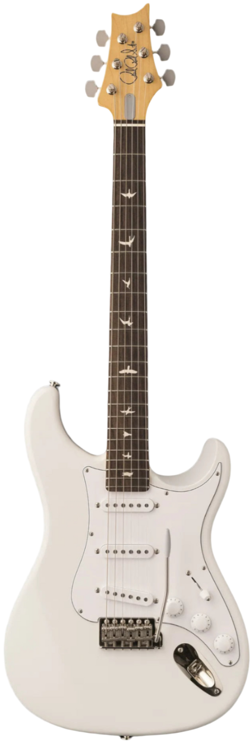 PRS Silver Sky electric guitar in white color with a rosewood fingerboard, shown from the front with the brand logo visible.